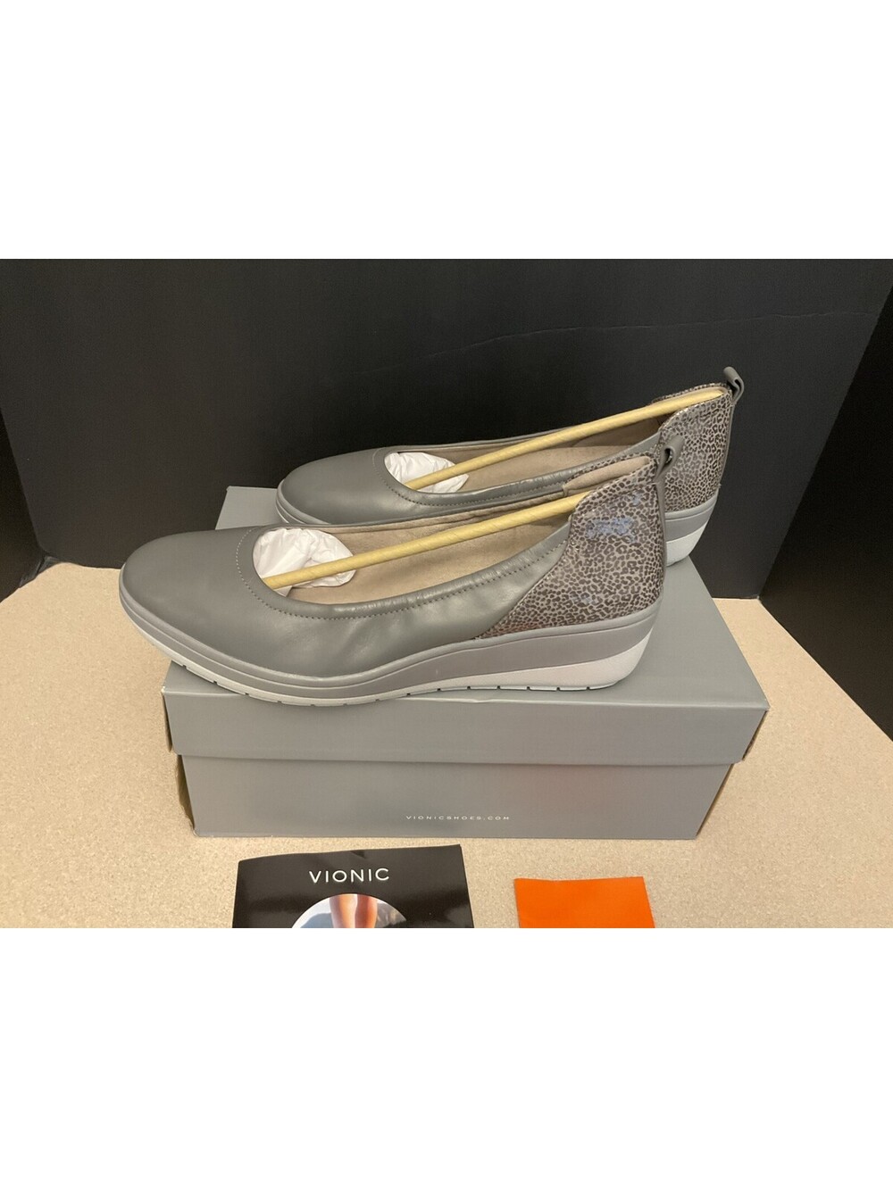 New! Womens VIONIC Jacey Charcoal Leather Leopard Slip On Wedge Shoes. SZ 8.5W. - Picture 7 of 10